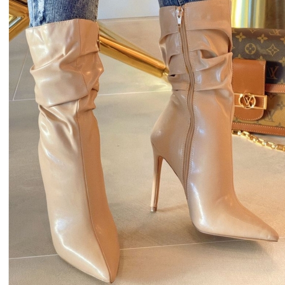 ❤Just In ❤Pointed Toe Pu Short Boots High Heel Ankle slouchy Booties Nud… - Picture 4 of 4